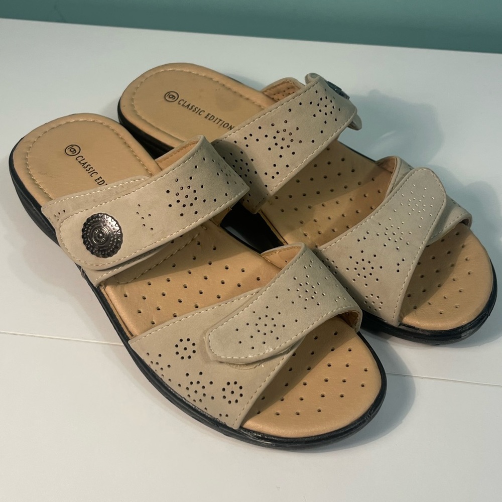 Classic Editions Neutral Double Velcro Strap Sandal with Embellishment Size 6